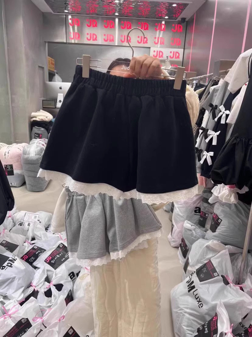 Lace Edge Stitching Elastic High Waist Wide Leg Pants