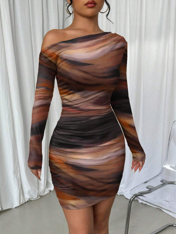 Pleated Slim Fit Long Sleeve Narrow Diagonal Collar Dress Women's Clothing