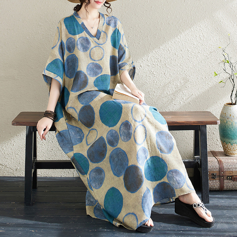 Ethnic Style V-neck Printed Striped Dress Women