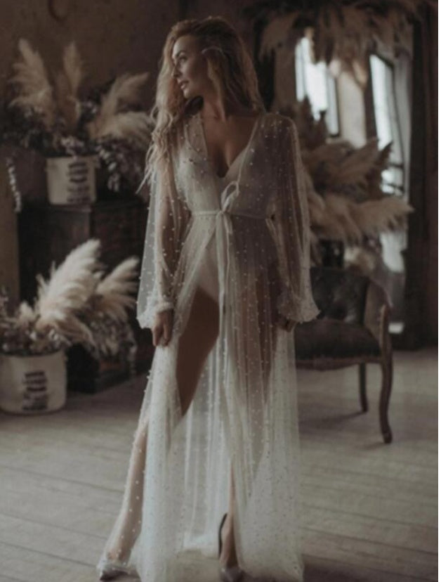 Pearl Mesh Pajamas Lace Dress Lingerie See-through Cape