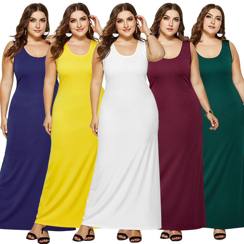 Plump Girls Women's Dress Springsummer Knitted Sexy Round Neck Solid Color