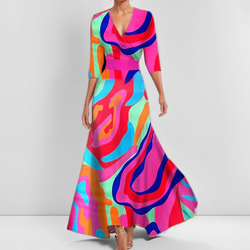 Tight Waist Slim Print V-neck Long-sleeve Dress
