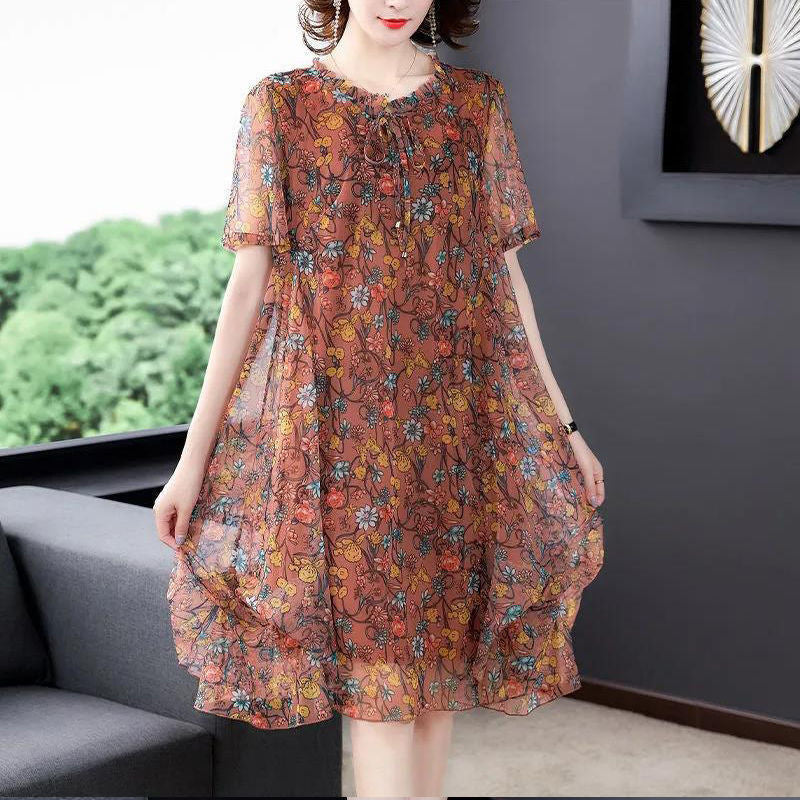 Small Floral Chiffon Mesh Western Style Mid-length Dress With Lining