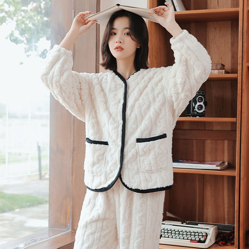 V-neck Cardigan Small Fragrant Wind Soft Pajamas Women Plush Cut Flower Home Service Suit Thickening