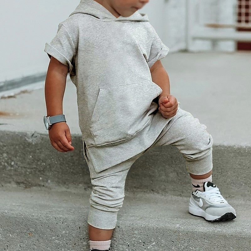 Boys And Girls Fashion Short-sleeved Hooded Tops Casual Pants Set