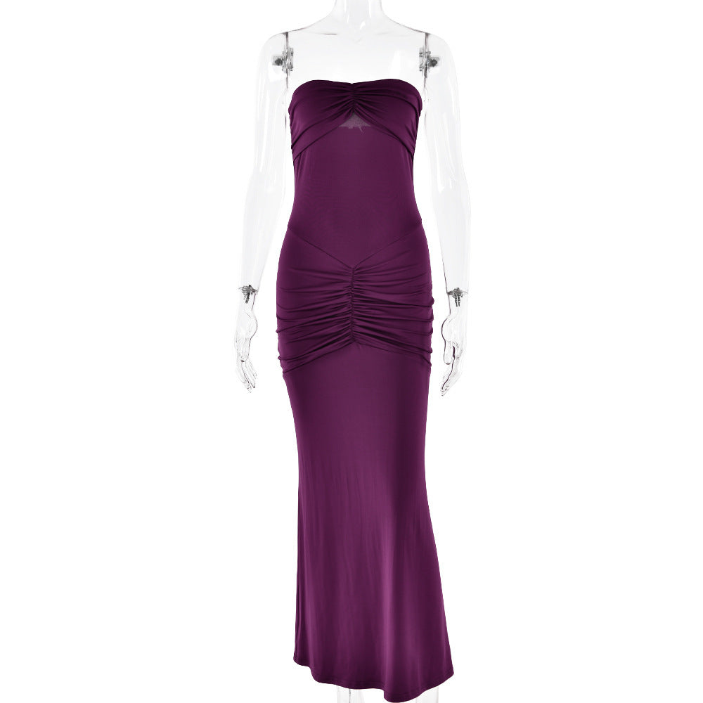 European And American Sexy Tight Strapless Backless Pleated Solid Color Dress