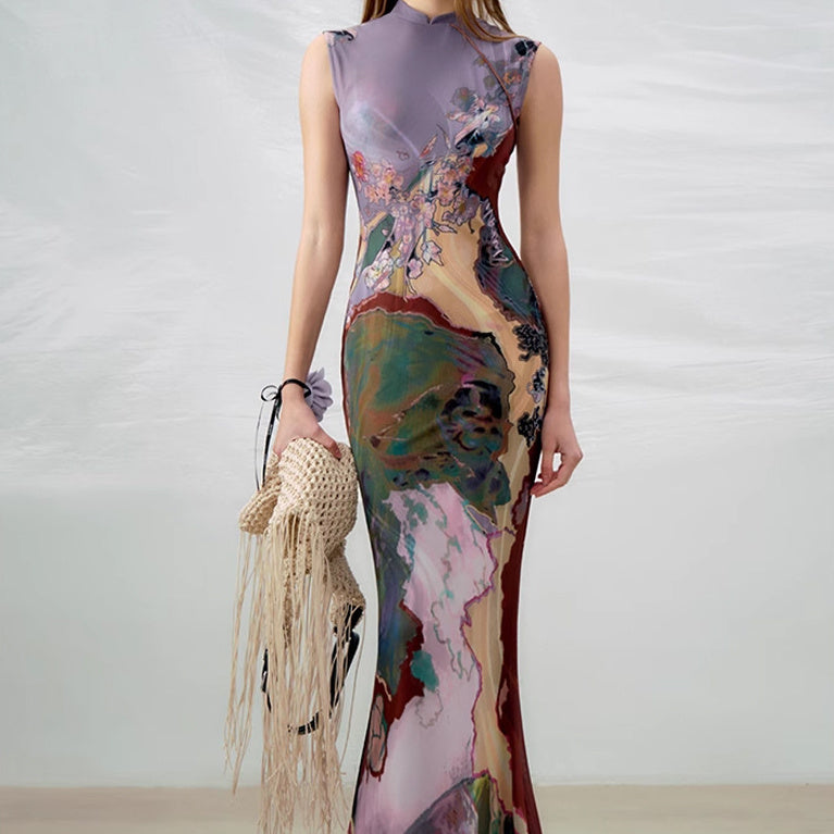 New Chinese Style Front And Back Wearable Contrast Color Cheongsam Dress