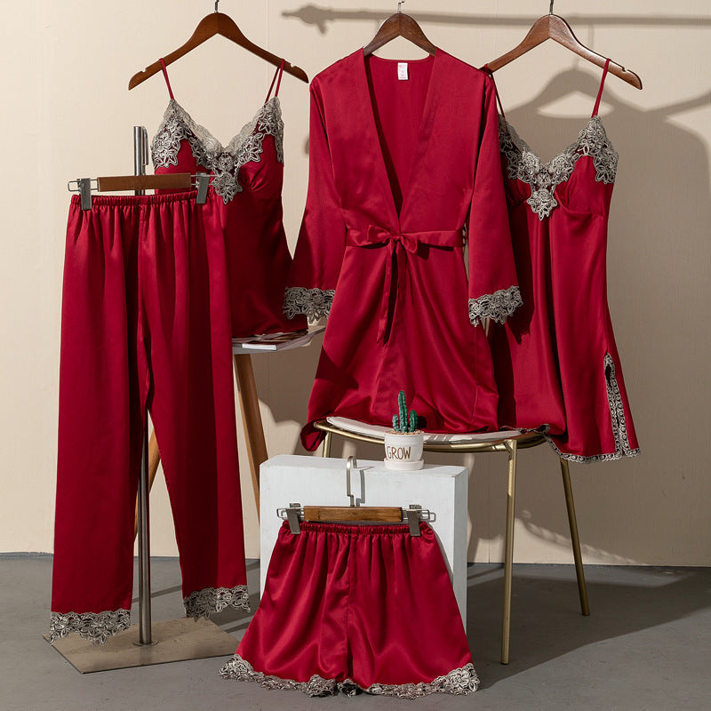 Pajamas Women Summer Ice Silk Sexy Five-piece Suspenders