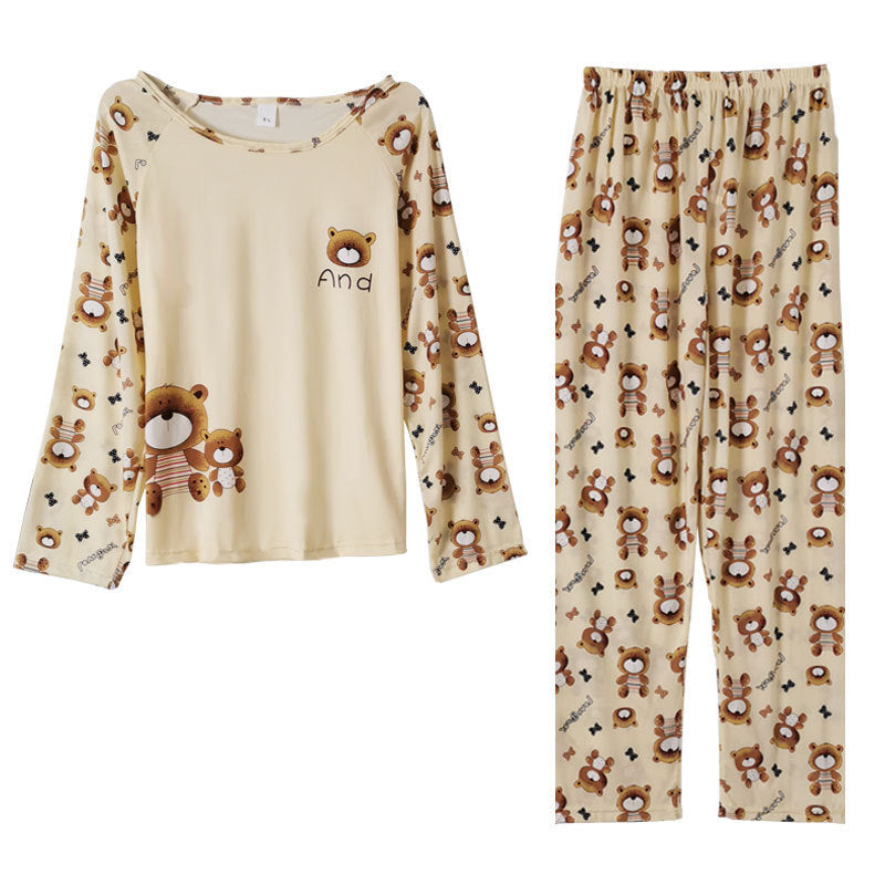Long Sleeve Pajamas Women Trousers Plus Size Cute Cartoon Home Service Round Neck