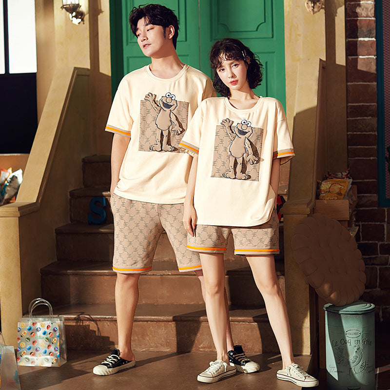 Sesame Street Joint Couple Pajamas Women Summer Cotton Cute Student Two-piece Short Sleeve