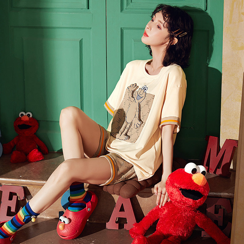 Sesame Street Joint Couple Pajamas Women Summer Cotton Cute Student Two-piece Short Sleeve