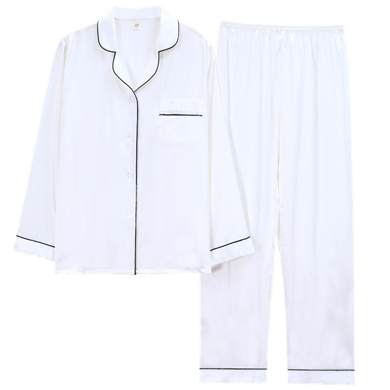 Couple Pajamas Women Spring And Autumn Ice Silk Long-Sleeved Suit Men'S Simulation Silk Home Service Thin White