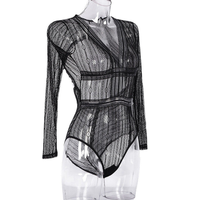 Sexy Lingerie European And American New Lace Long-sleeved One-piece