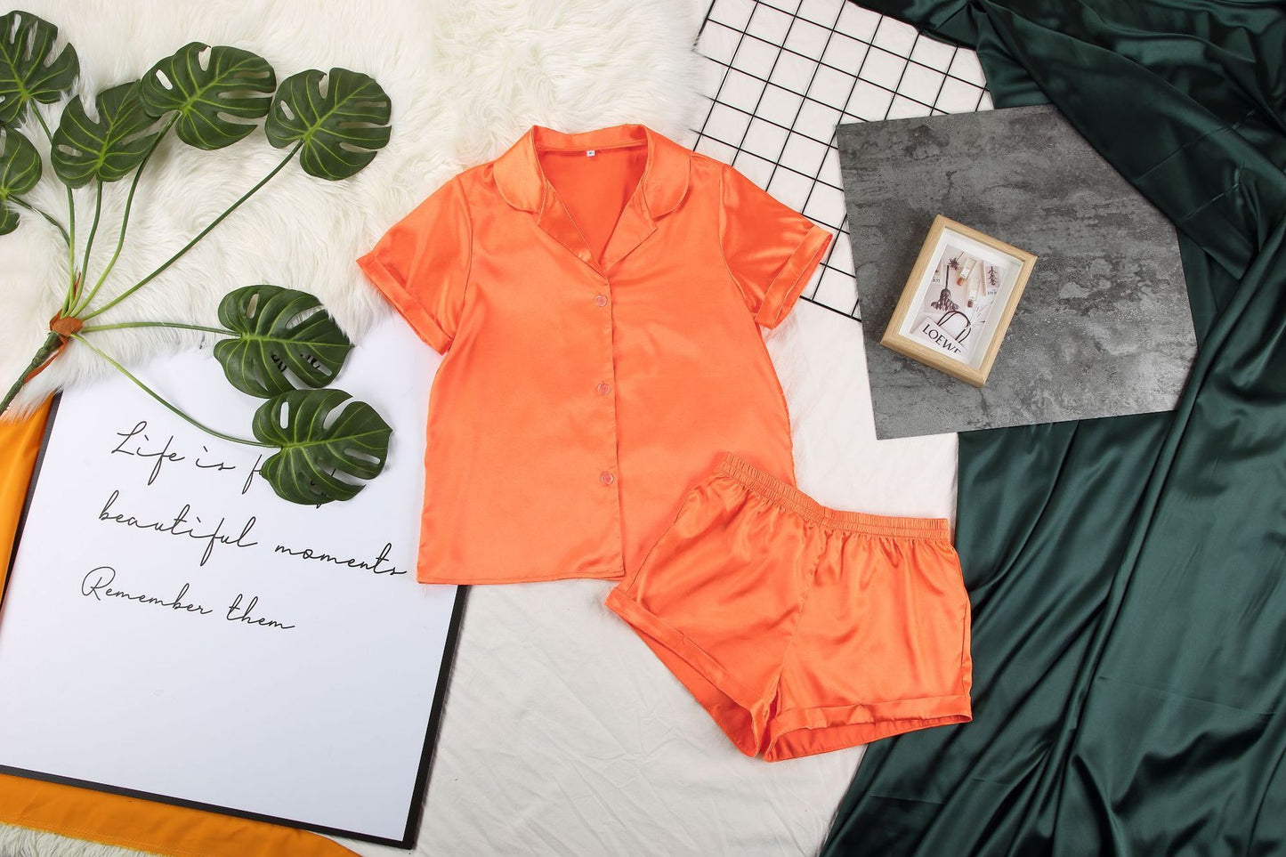 Pure Color Silk Short-Sleeved Shirt Shorts Two-Piece Pajamas Women