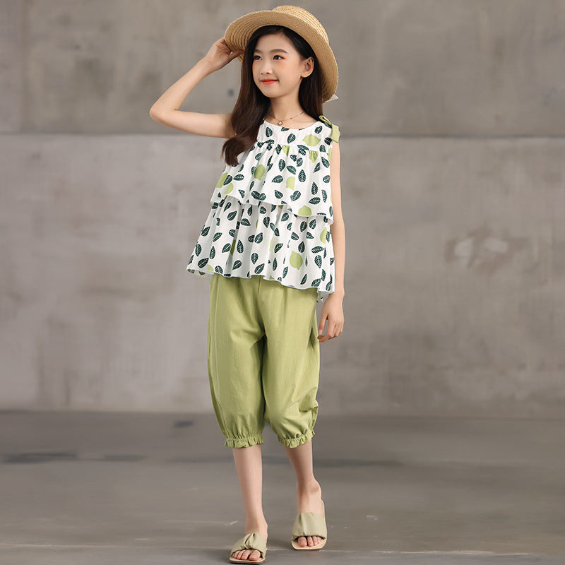 Girls' Cropped Trousers Suit Floral Two-piece Suit