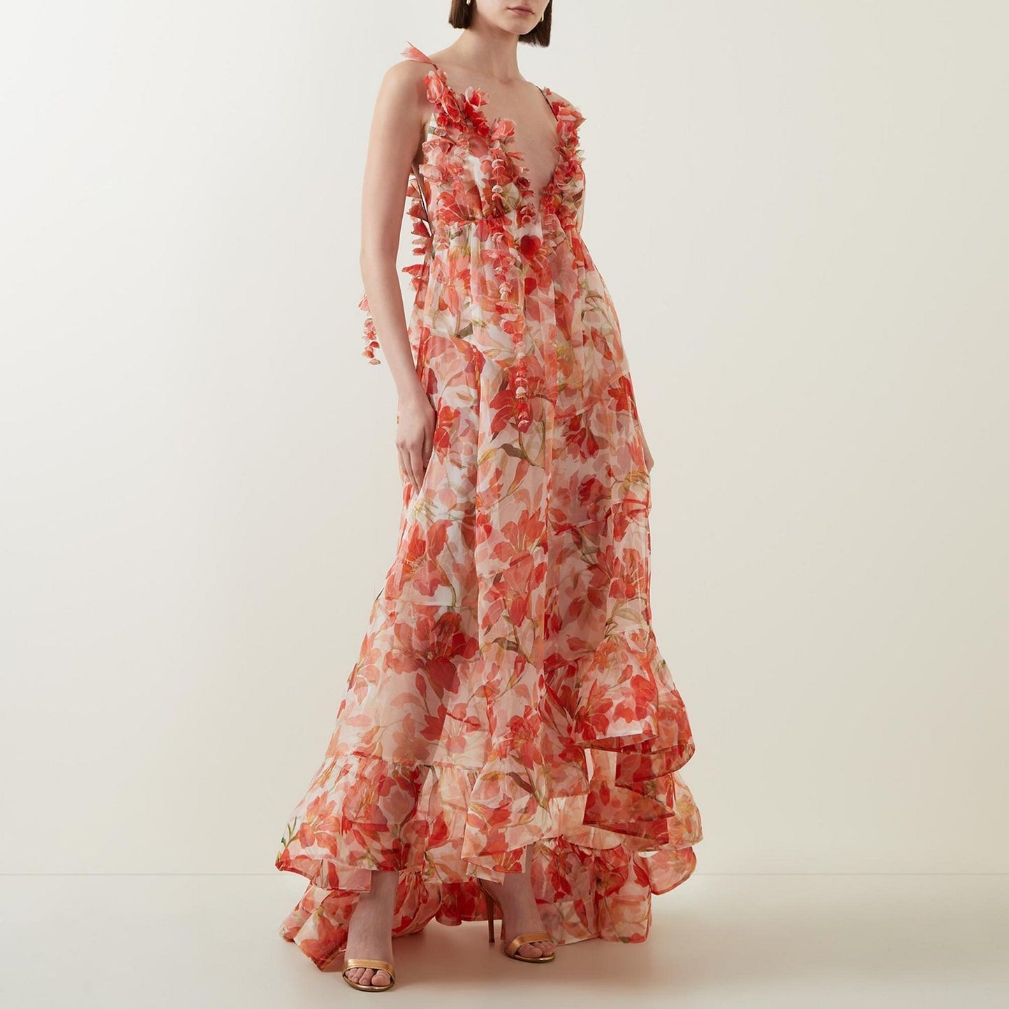 Off-the-shoulder V-neck Women's Clothing Spaghetti-strap Floral Print Long Large Hem Dress