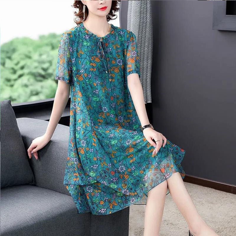 Small Floral Chiffon Mesh Western Style Mid-length Dress With Lining
