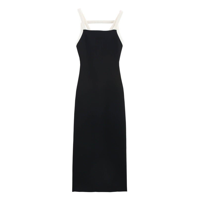 Personality Fashion Color Contrast Elastic Hanging Collar Dress