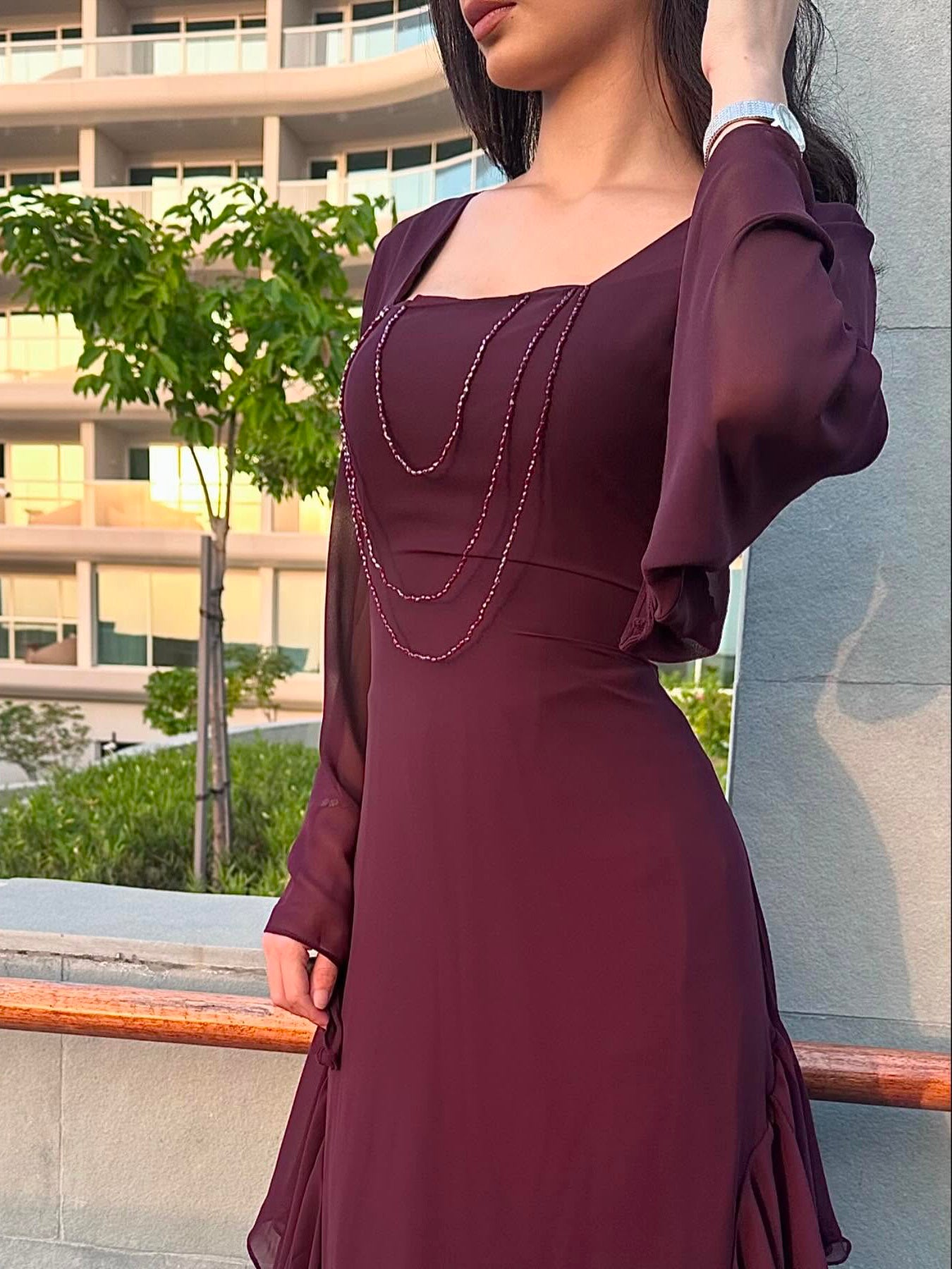 Burgundy Beaded Square Neck Ruffle Maxi Dress