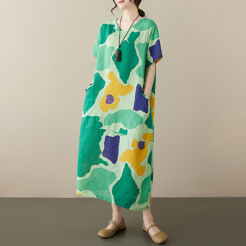 Plus Size Cotton And Linen Dress Abstract Printing Short Sleeve Loose