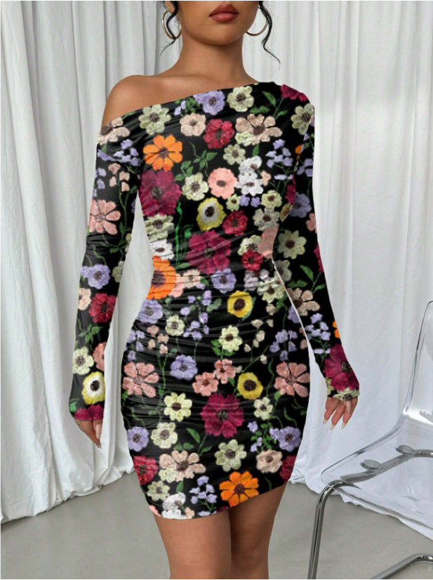 Pleated Slim Fit Long Sleeve Narrow Diagonal Collar Dress Women's Clothing