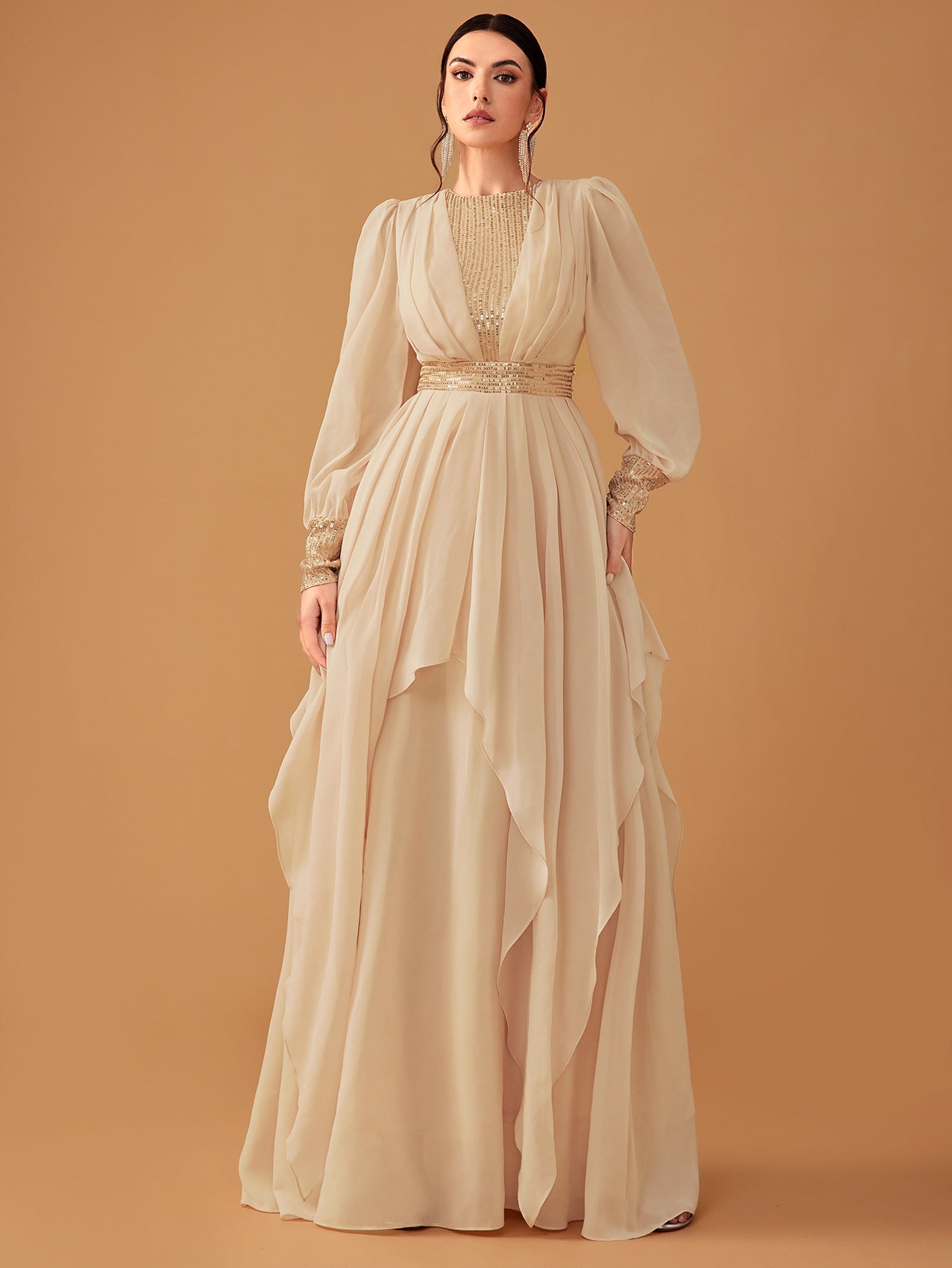 Women's Elegant Chiffon Sequined Lantern Sleeve Dress