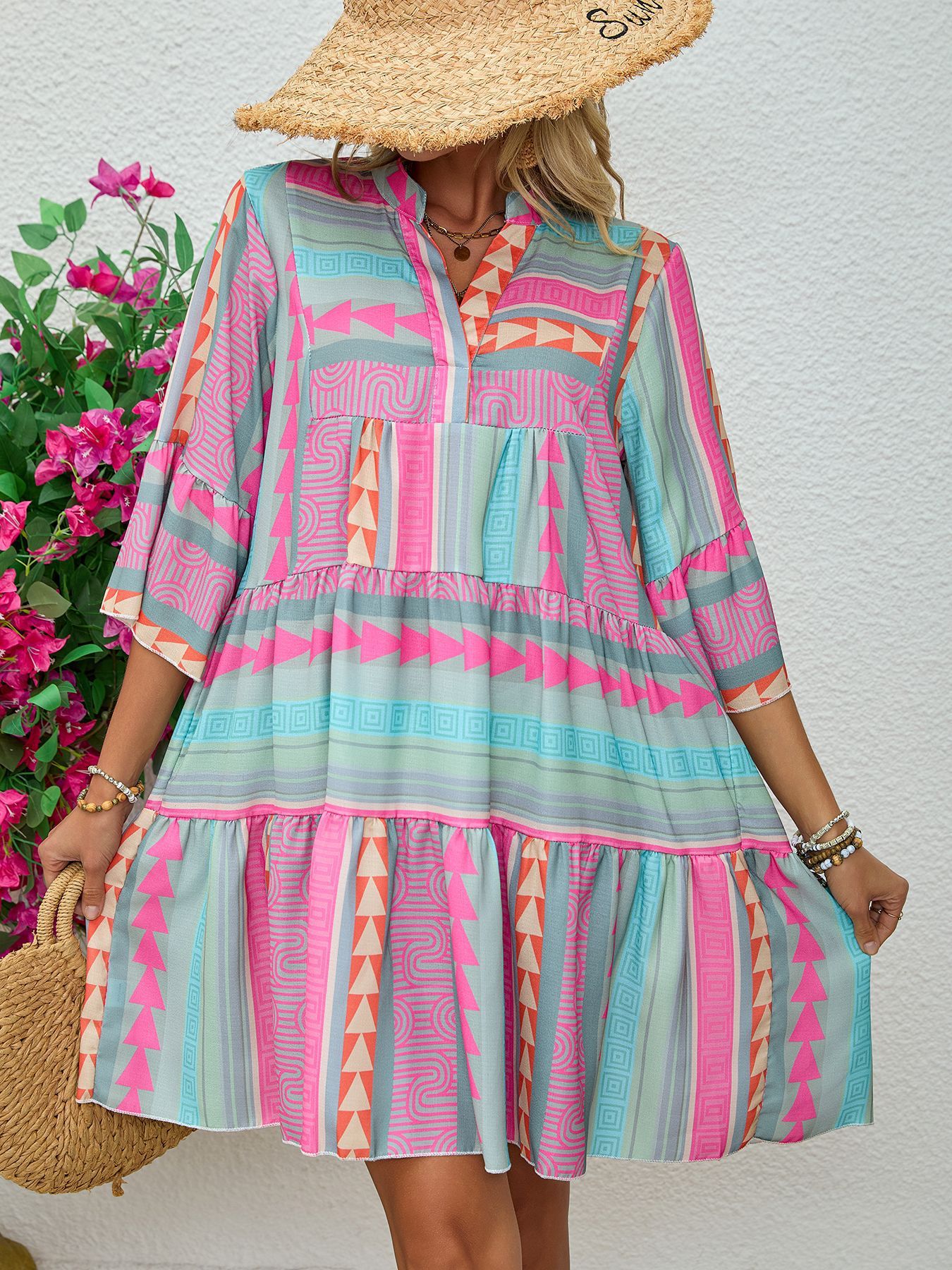 Spring And Autumn Print V-neck Dress