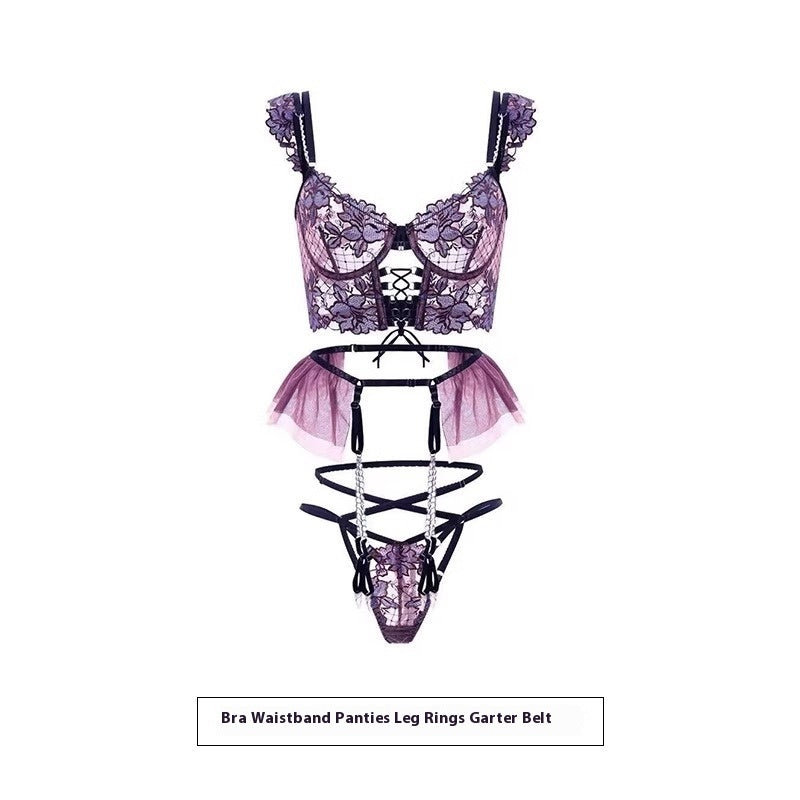 Purple Rose Sexy Lingerie Sexy Lace Embroidery Three-piece Set
