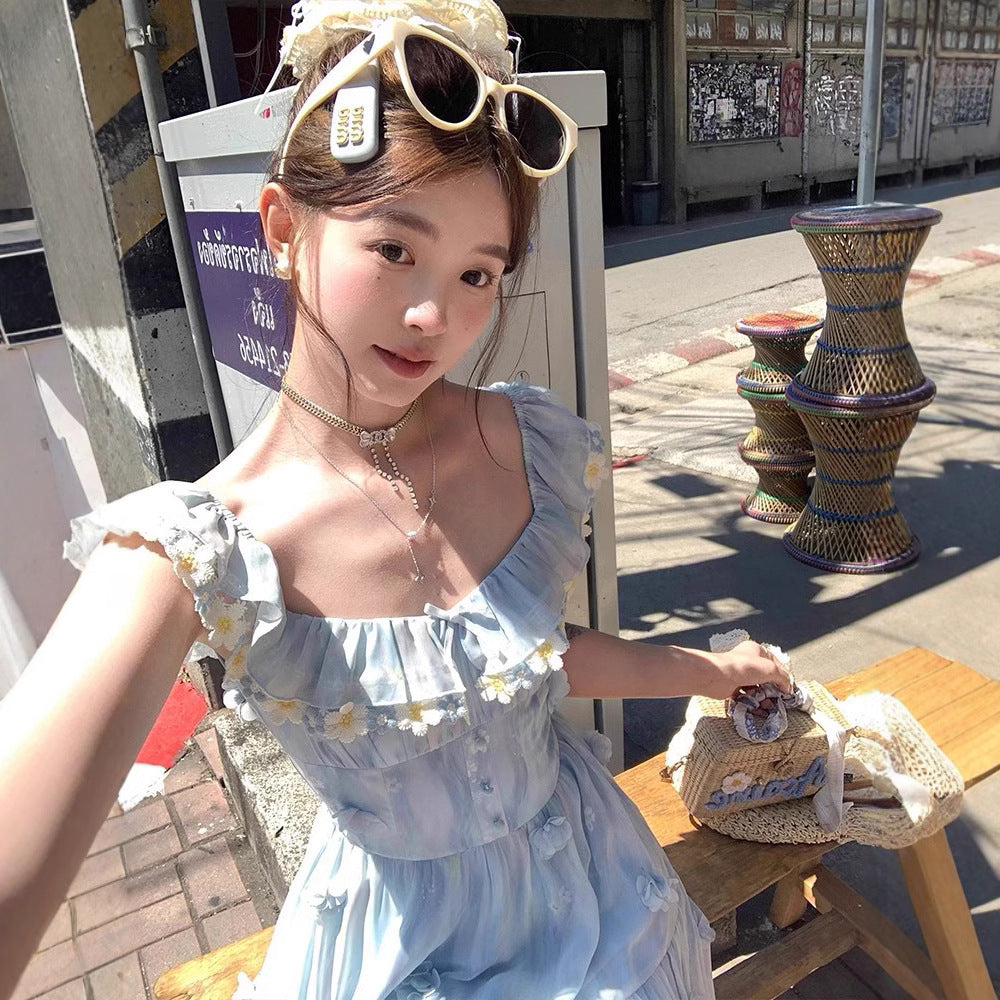 Blue Long Chiffon Printed Flying Sleeve Sling Dress