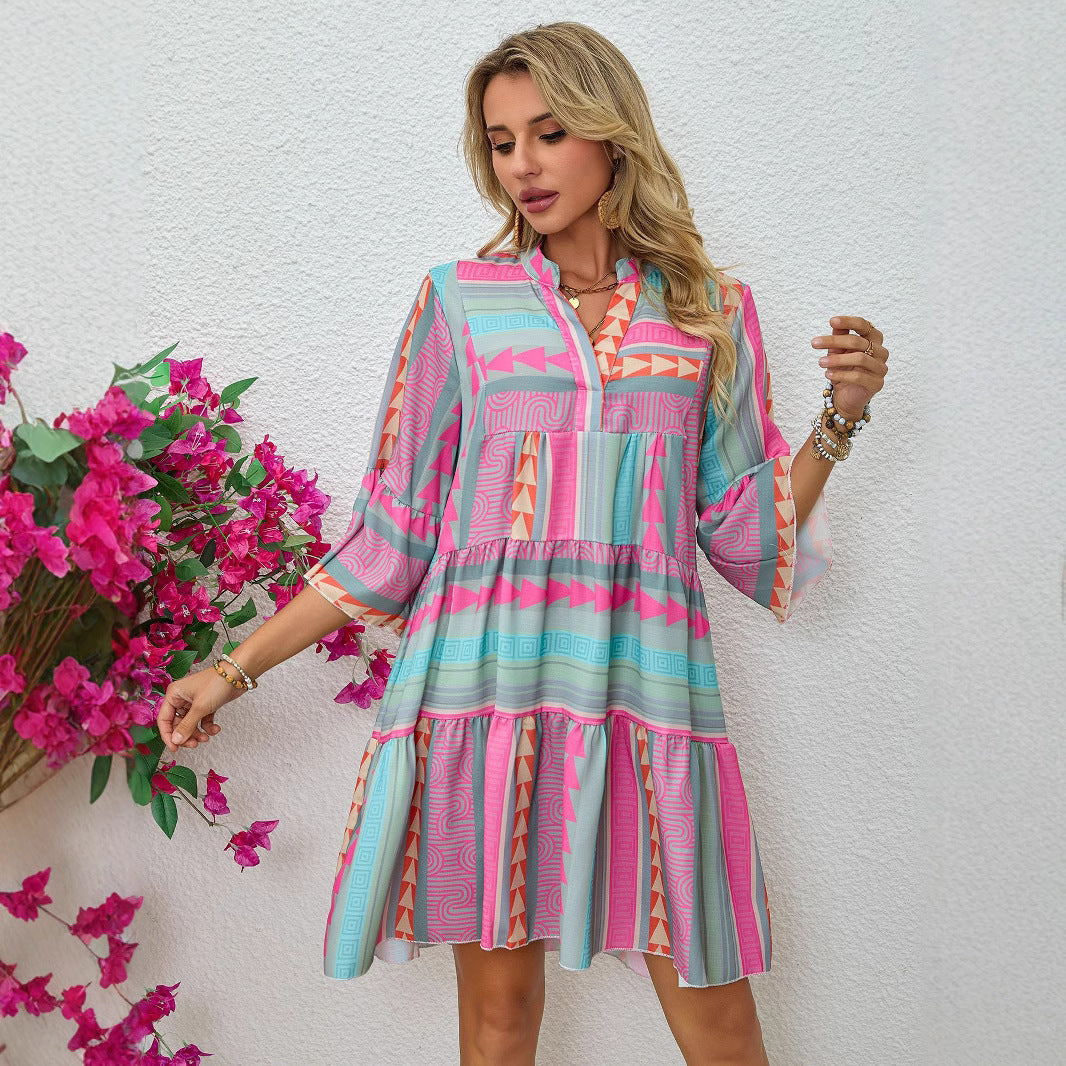 Spring And Autumn Print V-neck Dress
