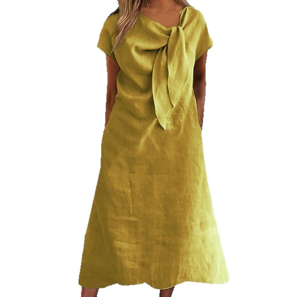 Women's Round Neck Short Sleeve Pocket Cotton And Linen Dress