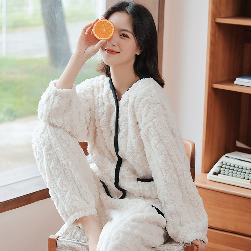 V-neck Cardigan Small Fragrant Wind Soft Pajamas Women Plush Cut Flower Home Service Suit Thickening