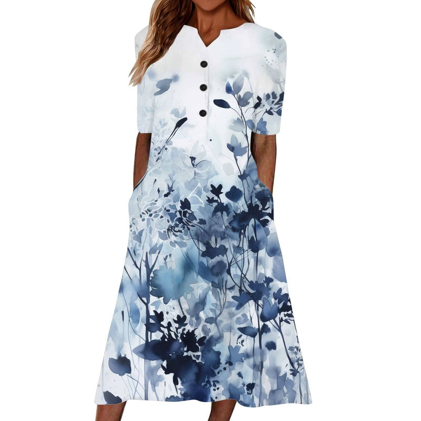 Women Summer Casual Short Sleeved Long Midi Plain Dresses With Pockets