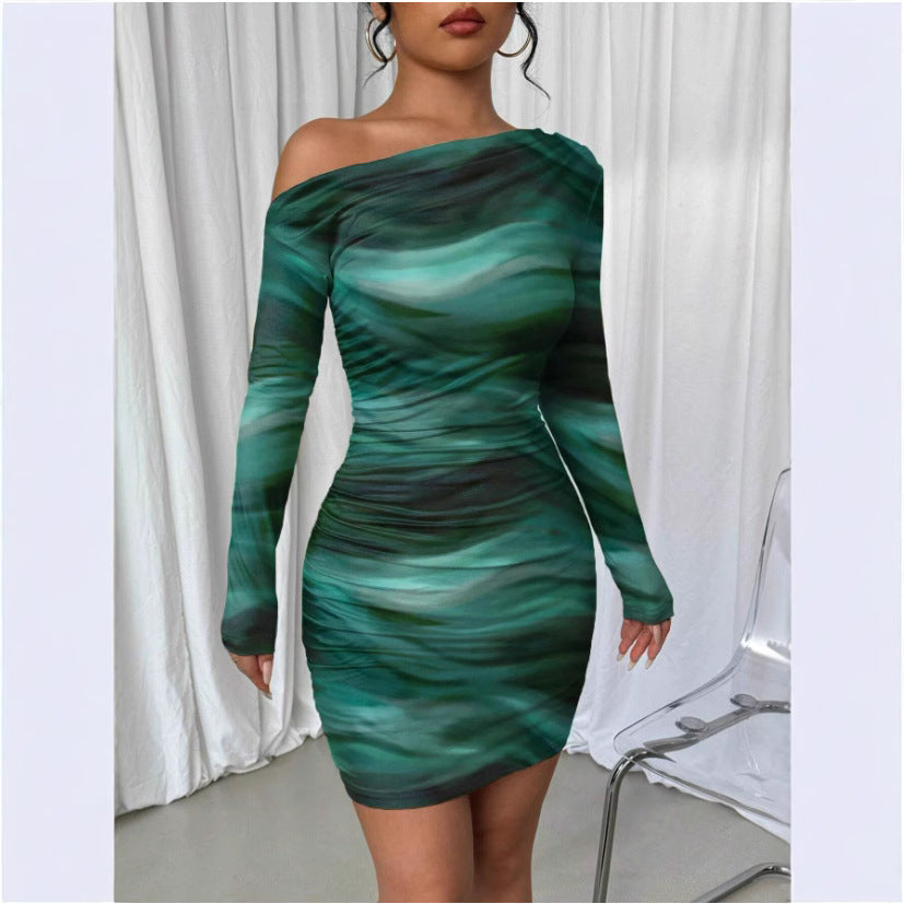 Pleated Slim Fit Long Sleeve Narrow Diagonal Collar Dress Women's Clothing