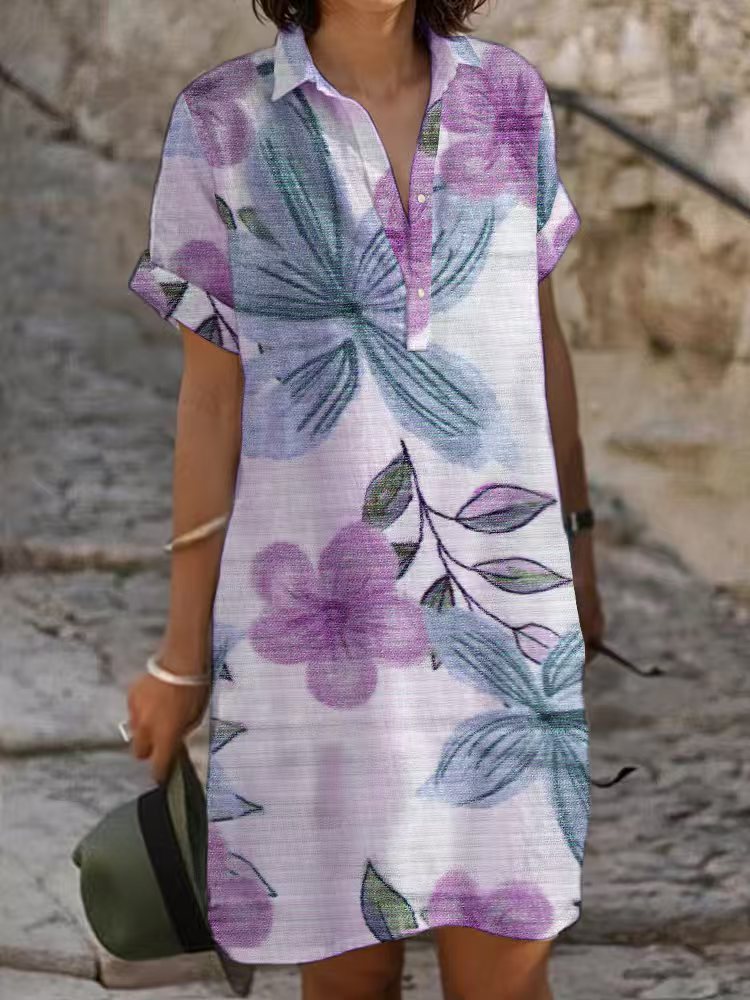 Women's Loose Fashion Printing Lapel Dress
