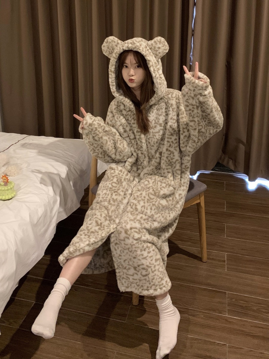 Plus Size Coral Velvet Pajamas Fleece Lined For Women Thick Night-robe