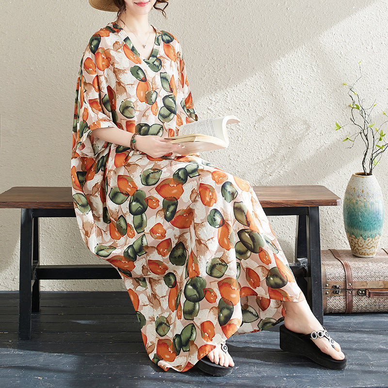 Ethnic Style V-neck Printed Striped Dress Women