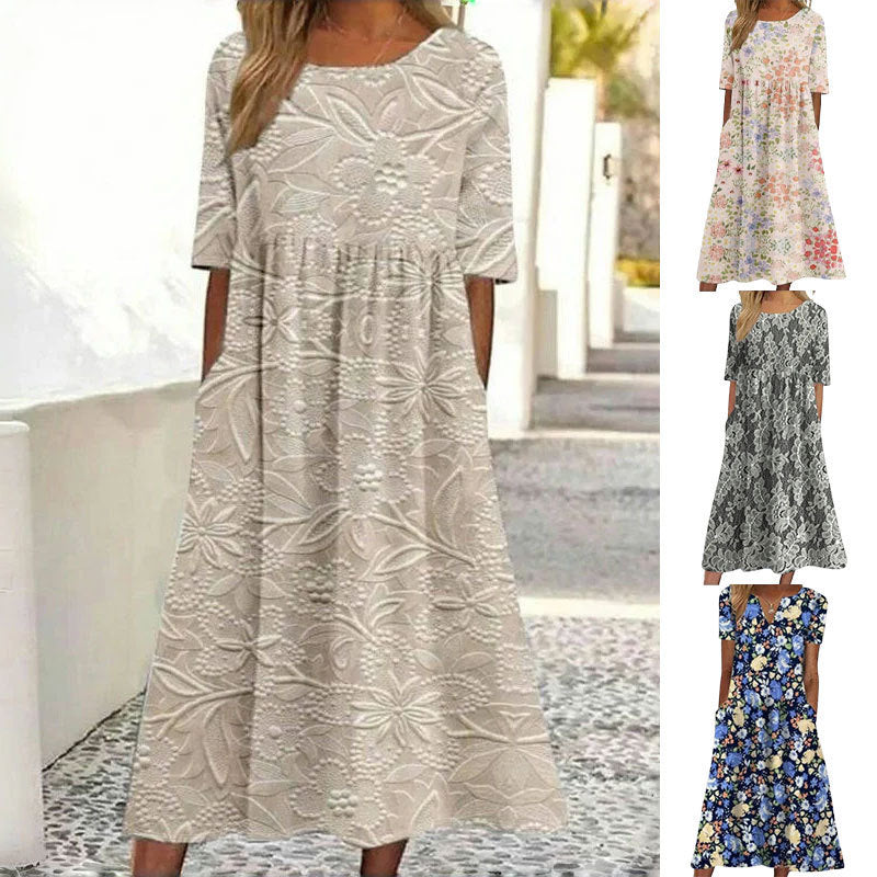 Elegant Dress Lace Printed Round Neck