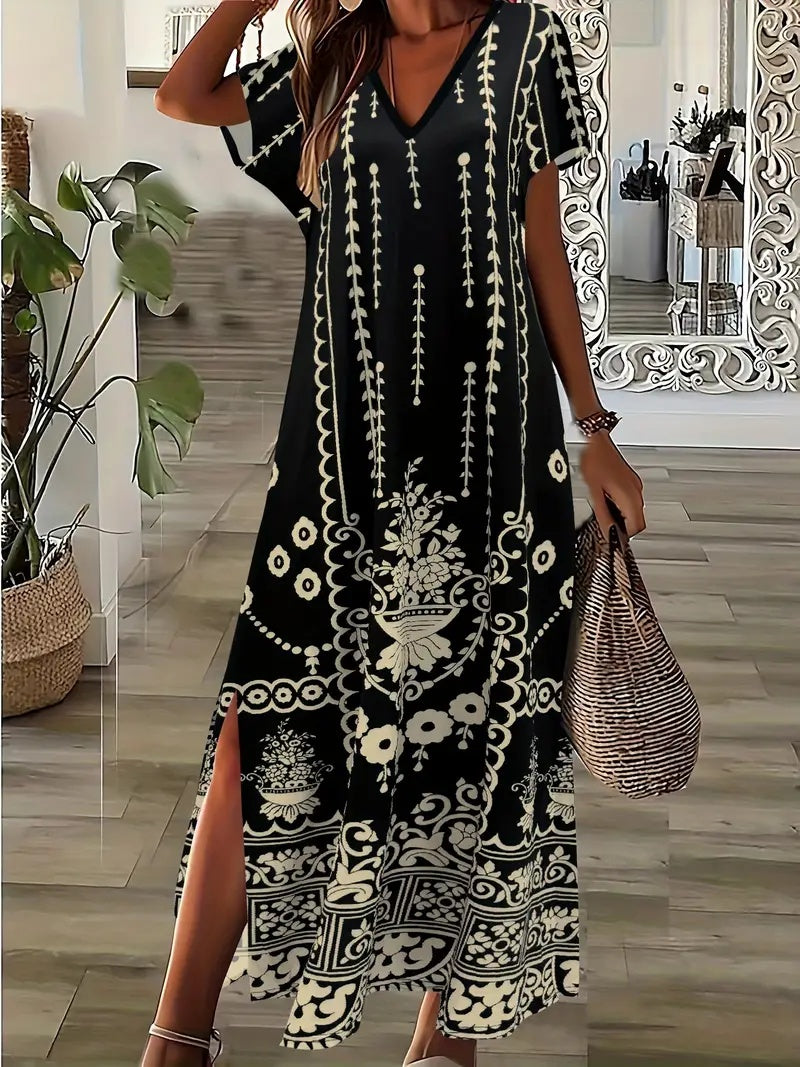 Elegant Floral Print V-Neck Dress For Women