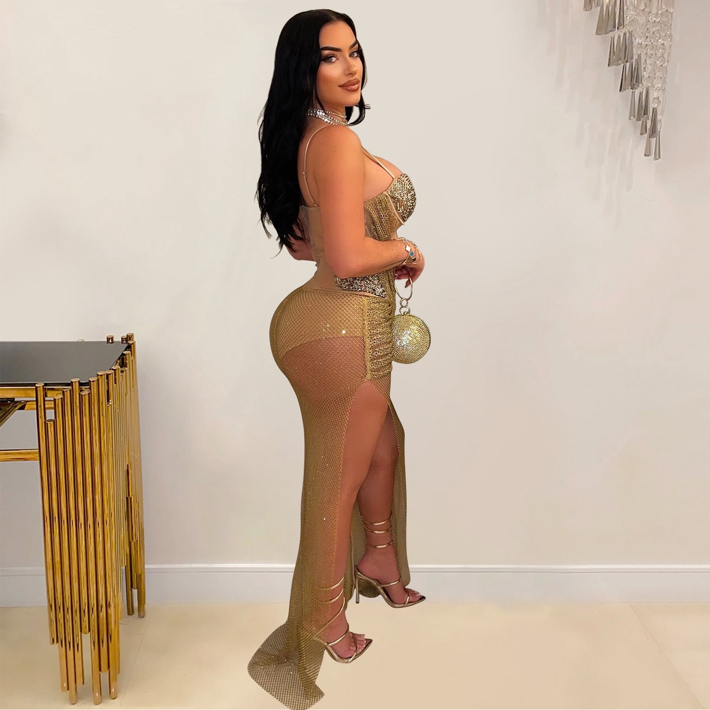 Women's Wear Sexy Mesh Rhinestone Sling Dress