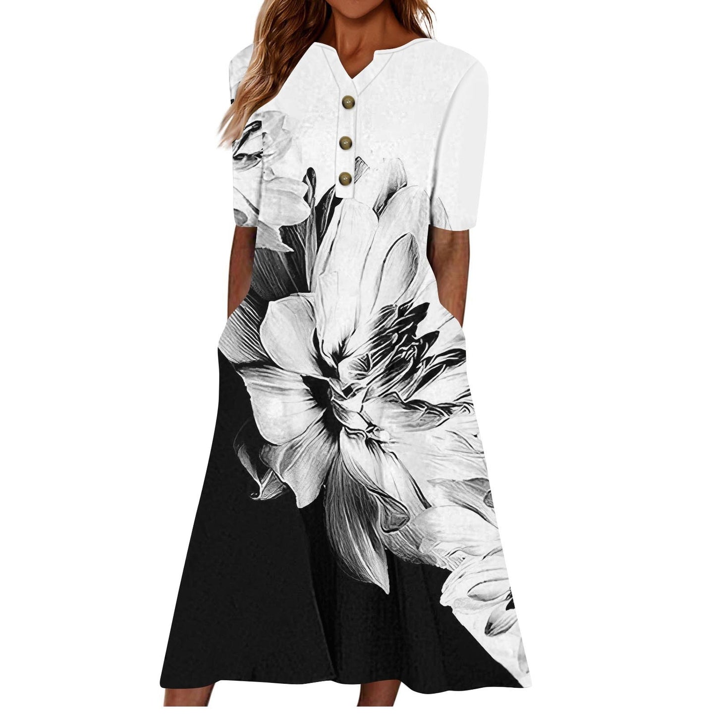 Women Summer Casual Short Sleeved Long Midi Plain Dresses With Pockets