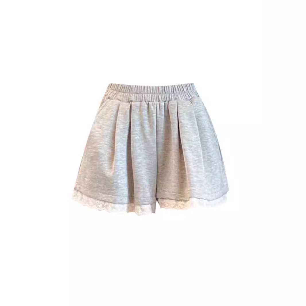 Lace Edge Stitching Elastic High Waist Wide Leg Pants