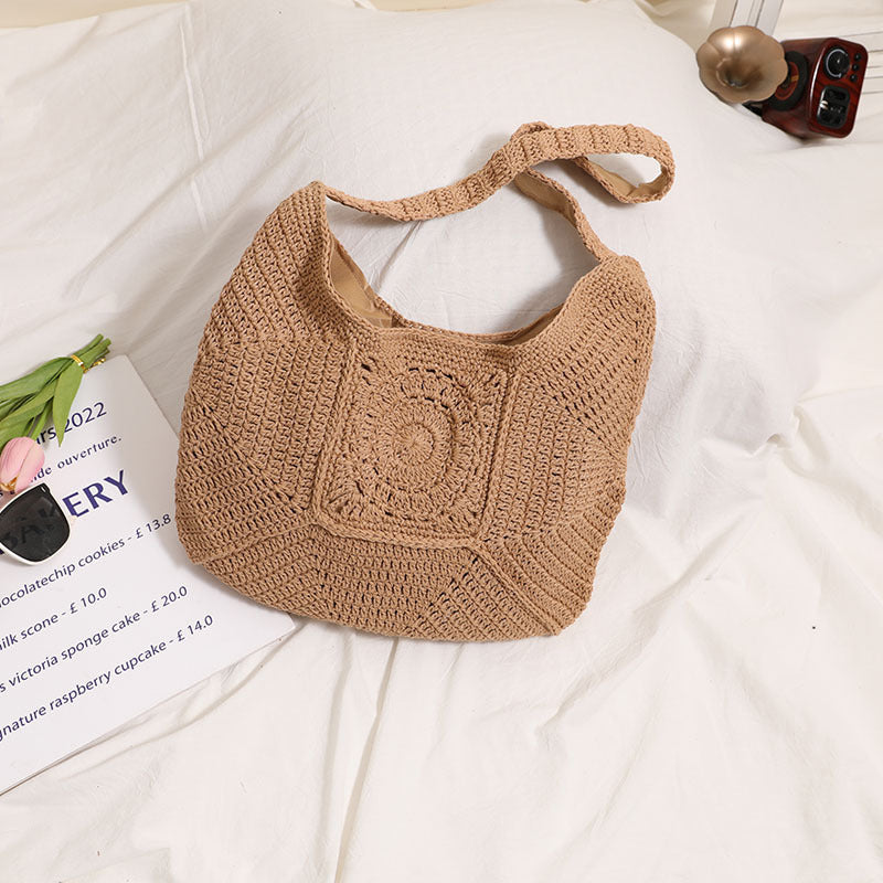 Large Capacity Cotton Braided Grandma Plaid Straw Woven Vacation Beach Versatile Women's Bag
