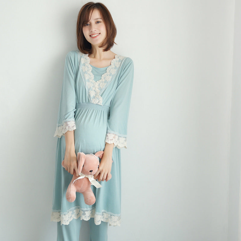 spring and autumn new Japanese maternity dress pregnant women breastfeeding clothes month clothes postpartum home service lace pajamas set
