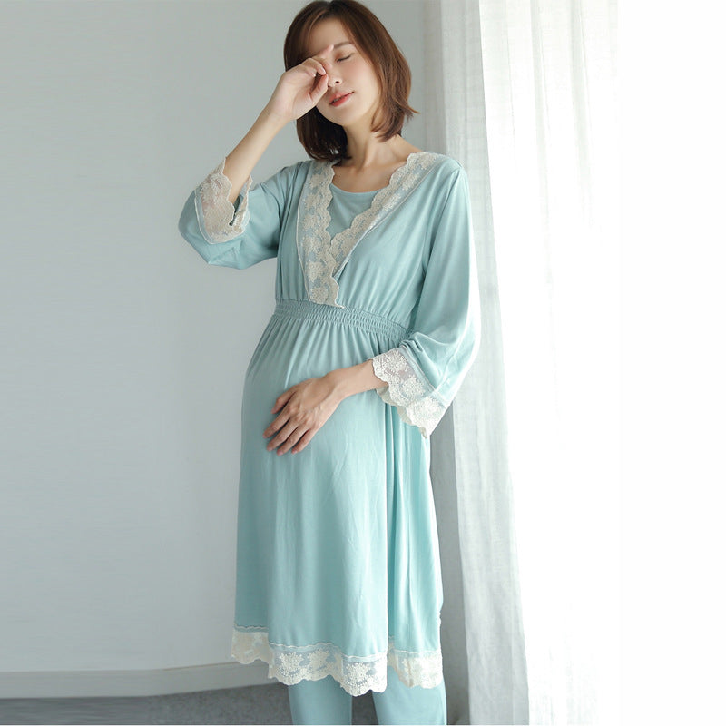 spring and autumn new Japanese maternity dress pregnant women breastfeeding clothes month clothes postpartum home service lace pajamas set