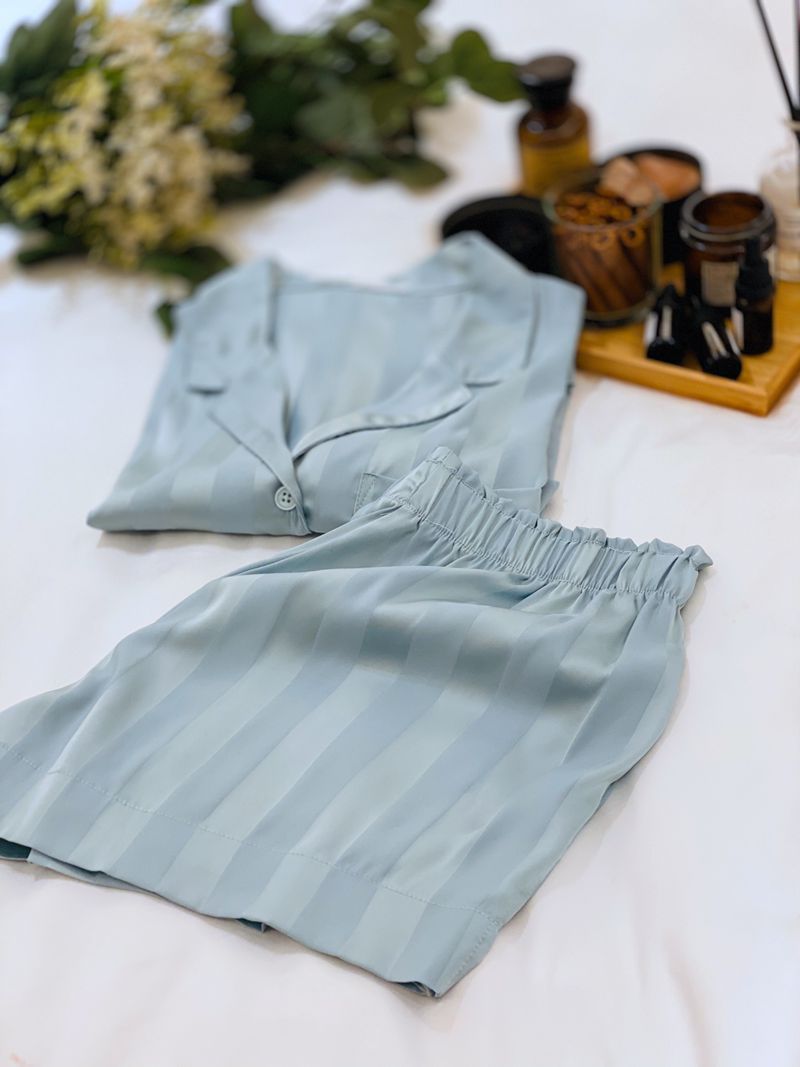 Pajamas About Temperament Striped Pattern Silk Fabric Short-sleeved Shorts Summer Ice Silk Home Service Suit Women