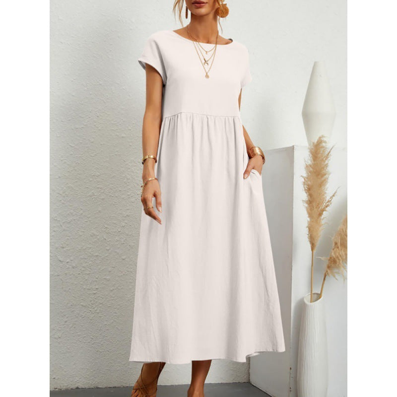 Solid Color Short Sleeved Loose Cotton And Linen Dress With Pockets