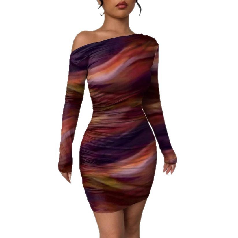 Pleated Slim Fit Long Sleeve Narrow Diagonal Collar Dress Women's Clothing