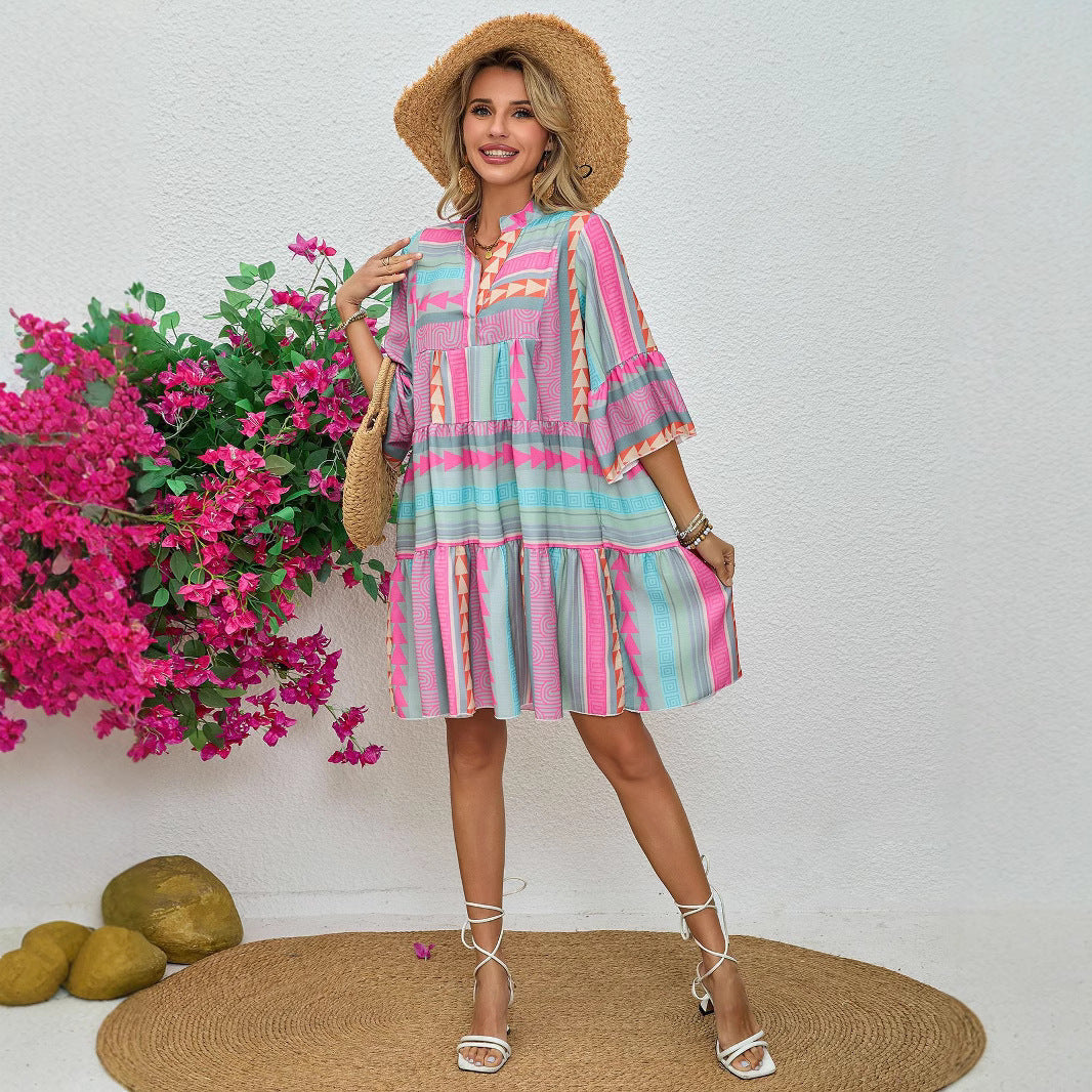 Spring And Autumn Print V-neck Dress