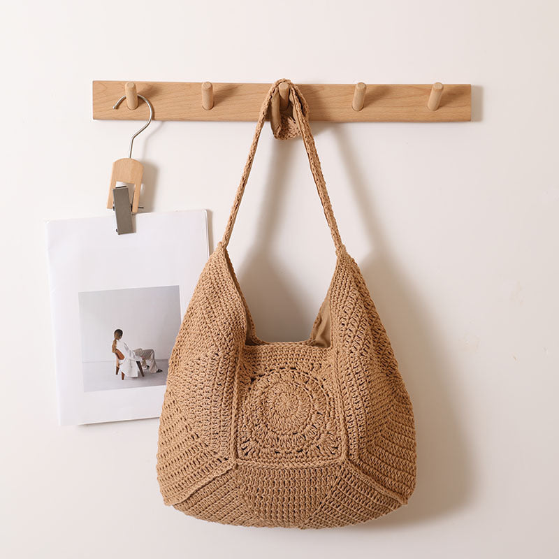 Large Capacity Cotton Braided Grandma Plaid Straw Woven Vacation Beach Versatile Women's Bag